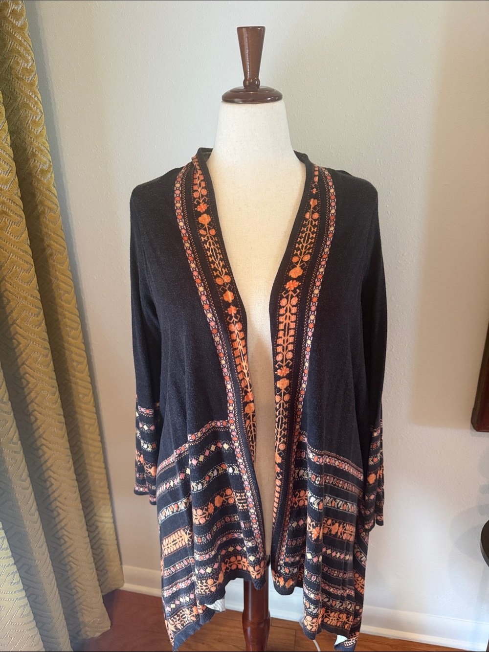 Anthropologie Black Open-Front Cardigan with Orange Embroidered Trim
